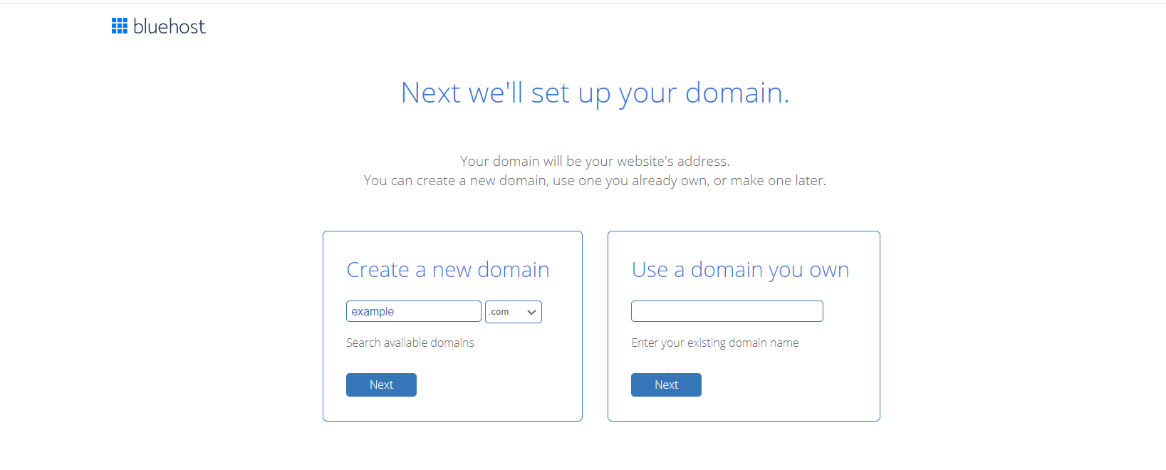 Elegir un nombre de dominio al registrarse en el alojamiento Bluehost.