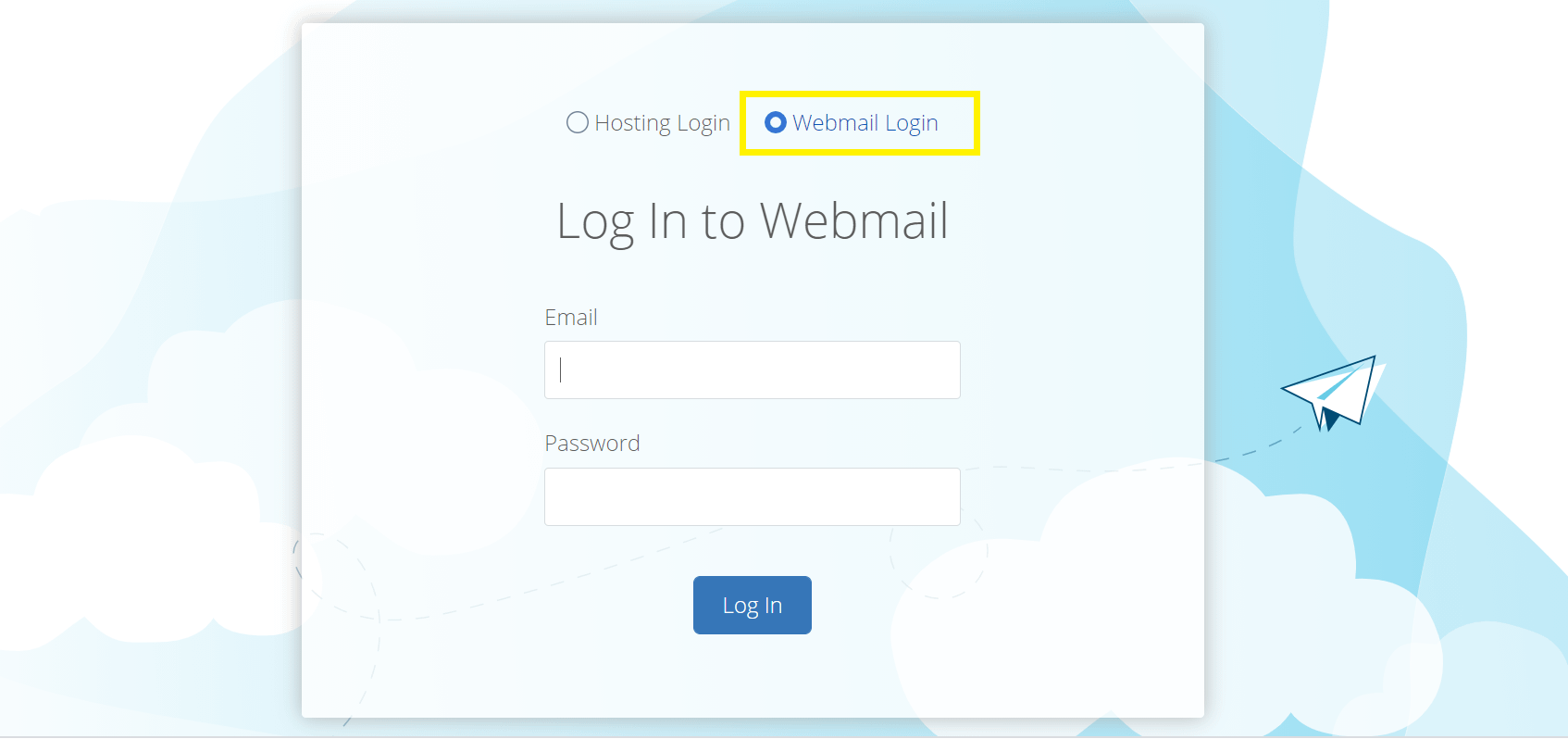 Página de inicio de sesión de Webmail de Bluehost para acceder a su correo electrónico con dominio personalizado