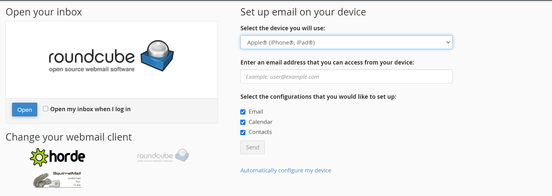Elegir cómo recibir correo electrónico a través de Bluehost.