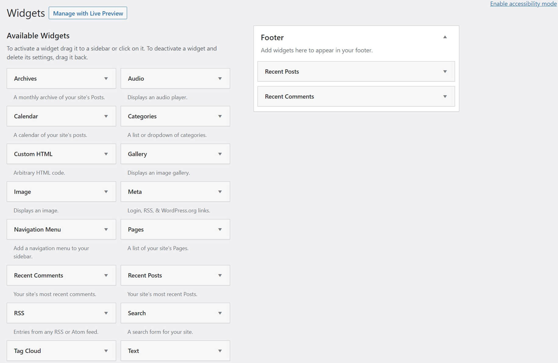 The Widget area of the WordPress dashboard.