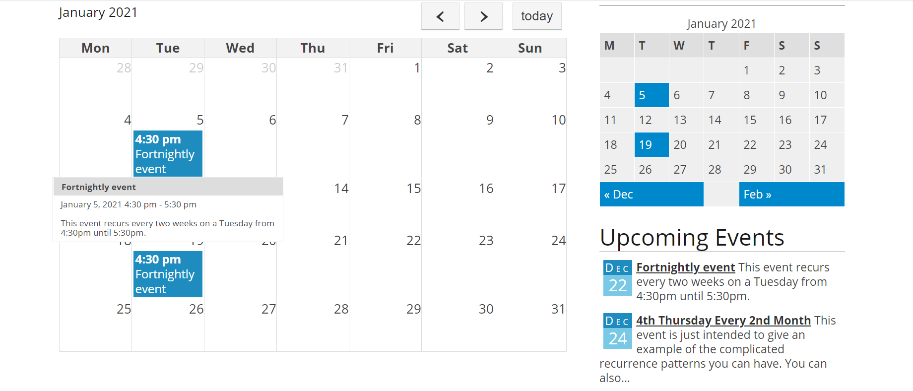 Exemple de calendrier d'événements créé avec le plugin Event Organizer.