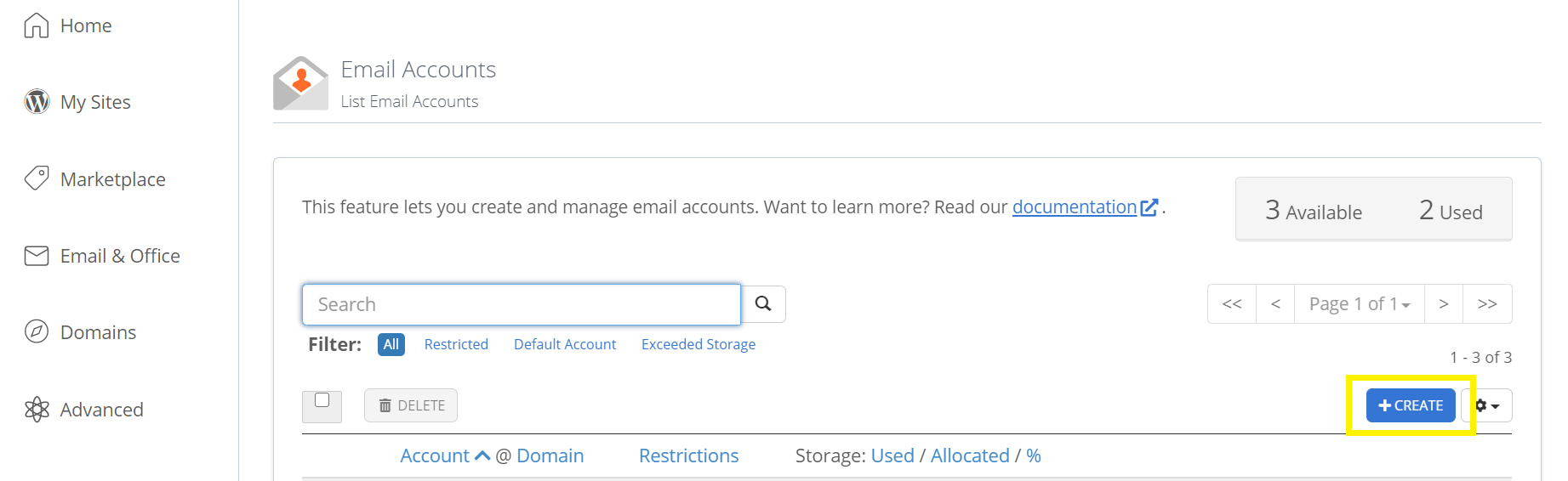 Creando una dirección de correo electrónico en Bluehost.