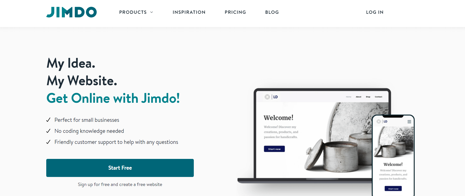 A página inicial do Jimdo no construtor de sites gratuito.
