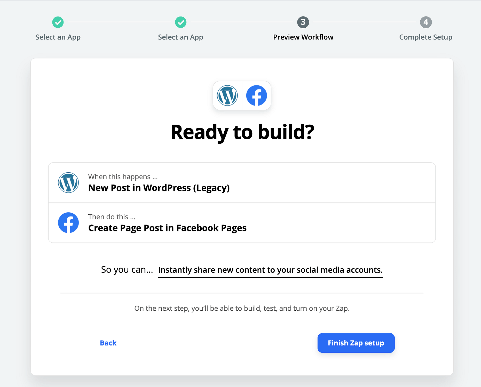 Configurar Zapier para publicar en Facebook y Twitter desde WordPress con un flujo de trabajo existente.