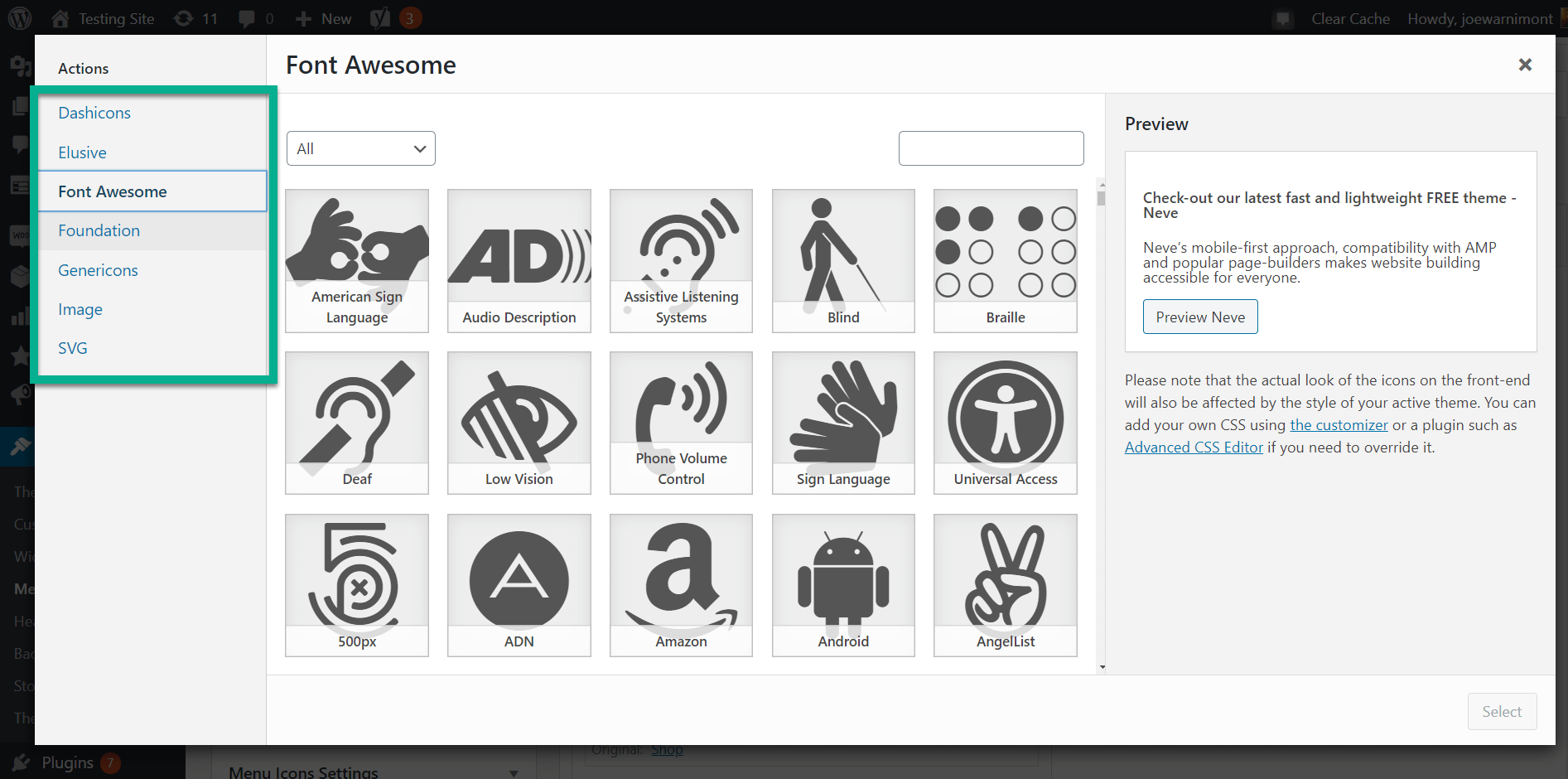 all category WordPress menu icons