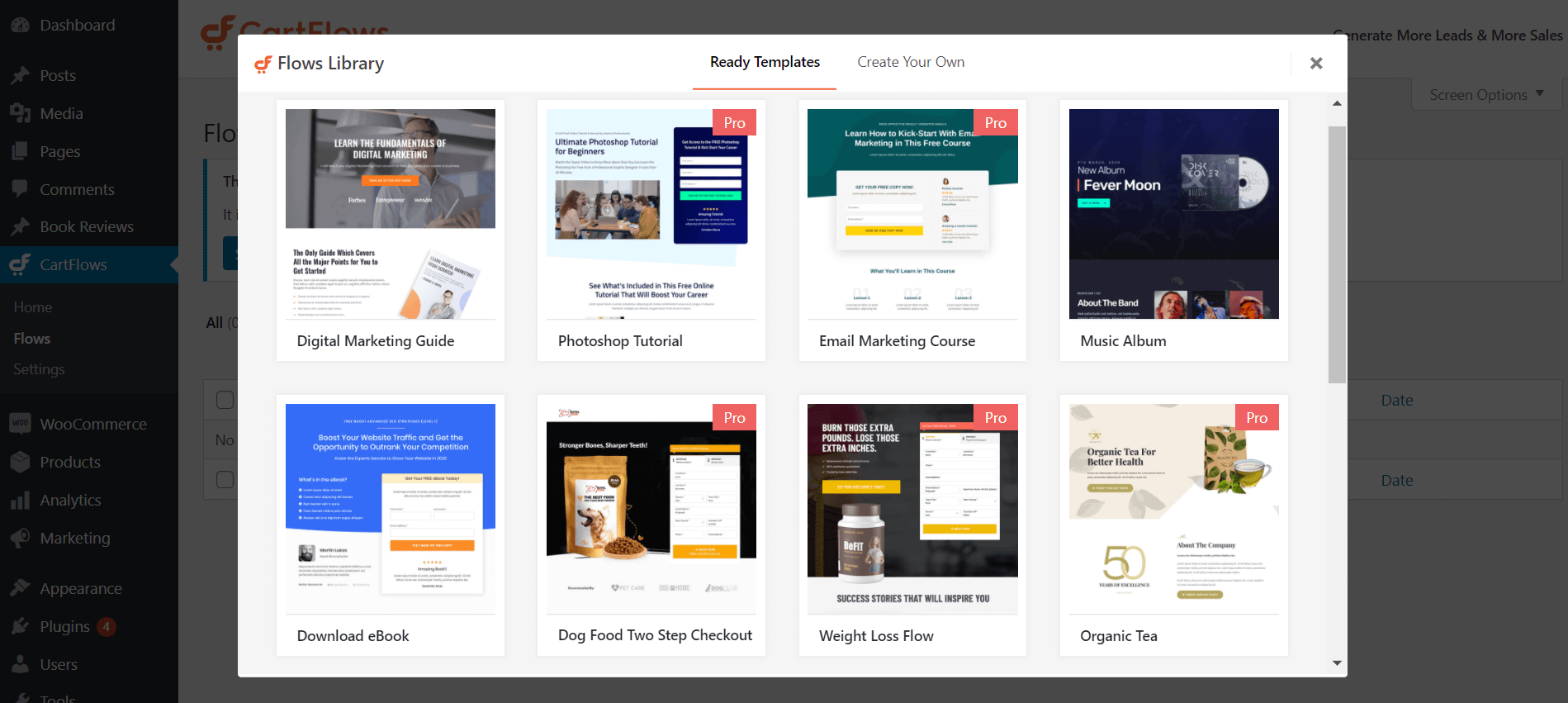 Biblioteca de modelos WordPress do funil de vendas em CartFlow.