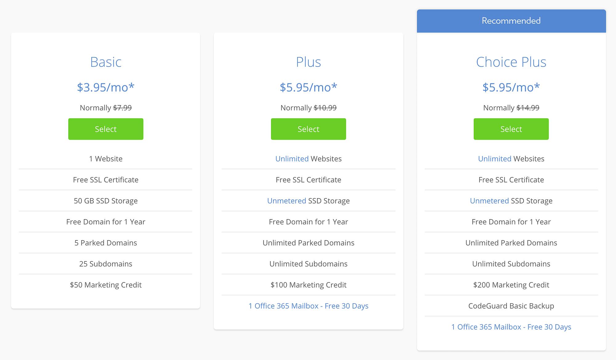 Bluehost 의 공유 WordPress 호스팅 계획 가격표.'s shared WordPress hosting plan pricing table.