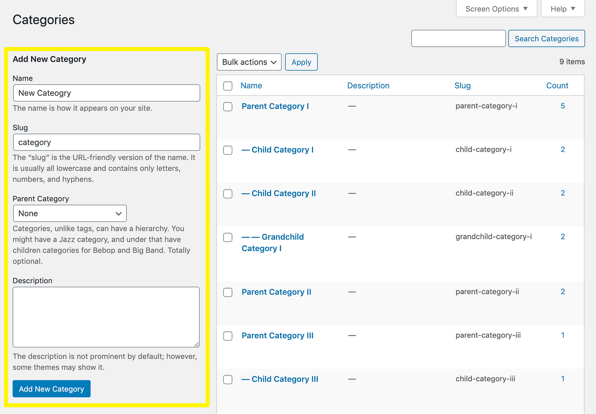 Creando una nueva categoría en WordPress.