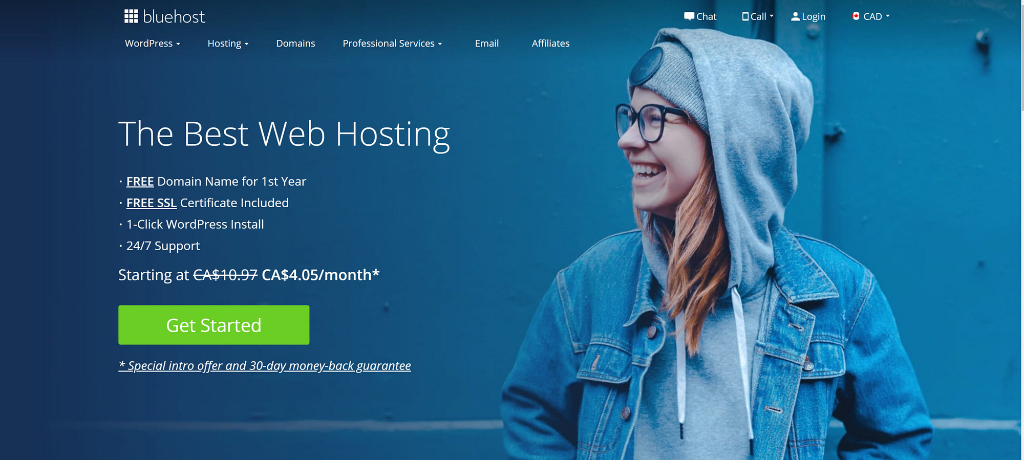 Bluehost use a person's face, one of many web design ideas, for their homepage