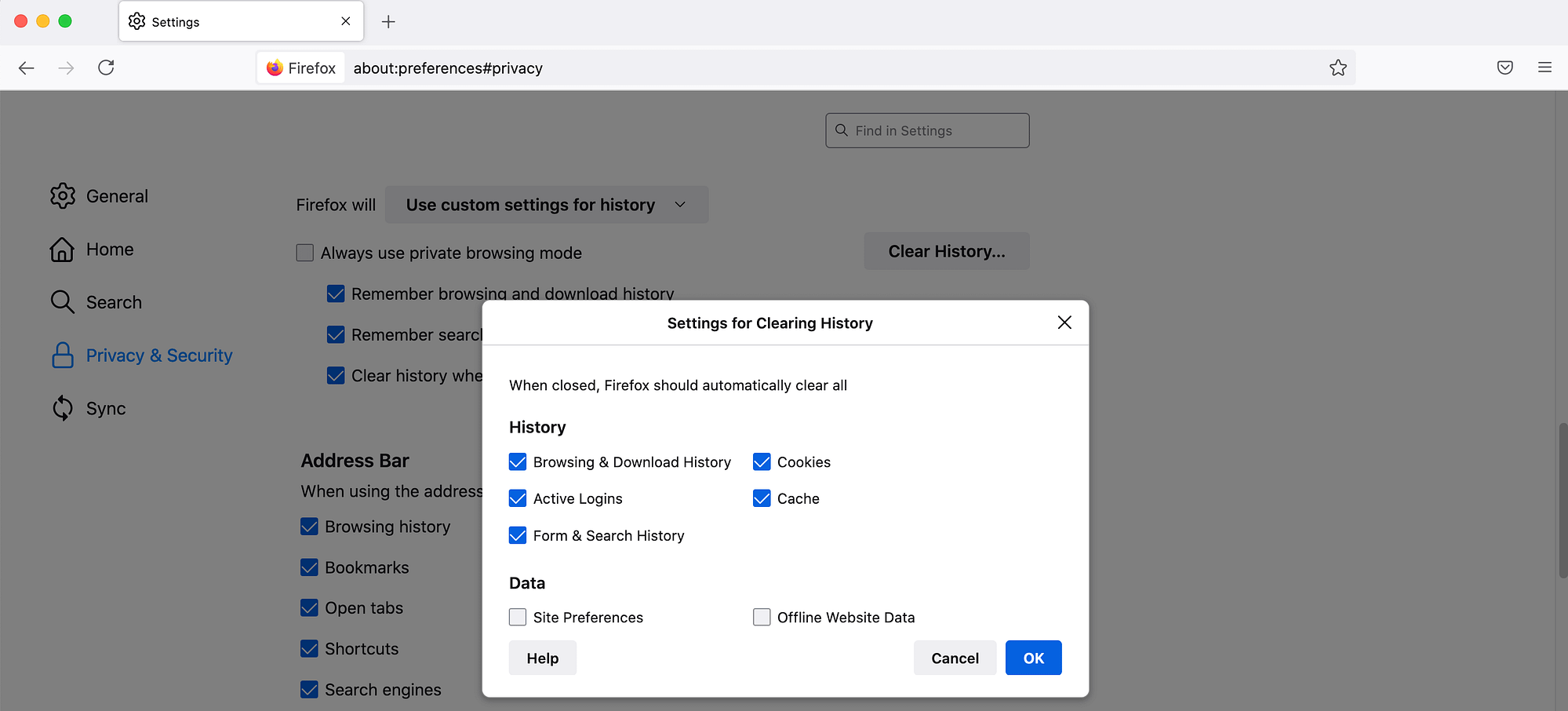 Firefox's settings for clearing history.