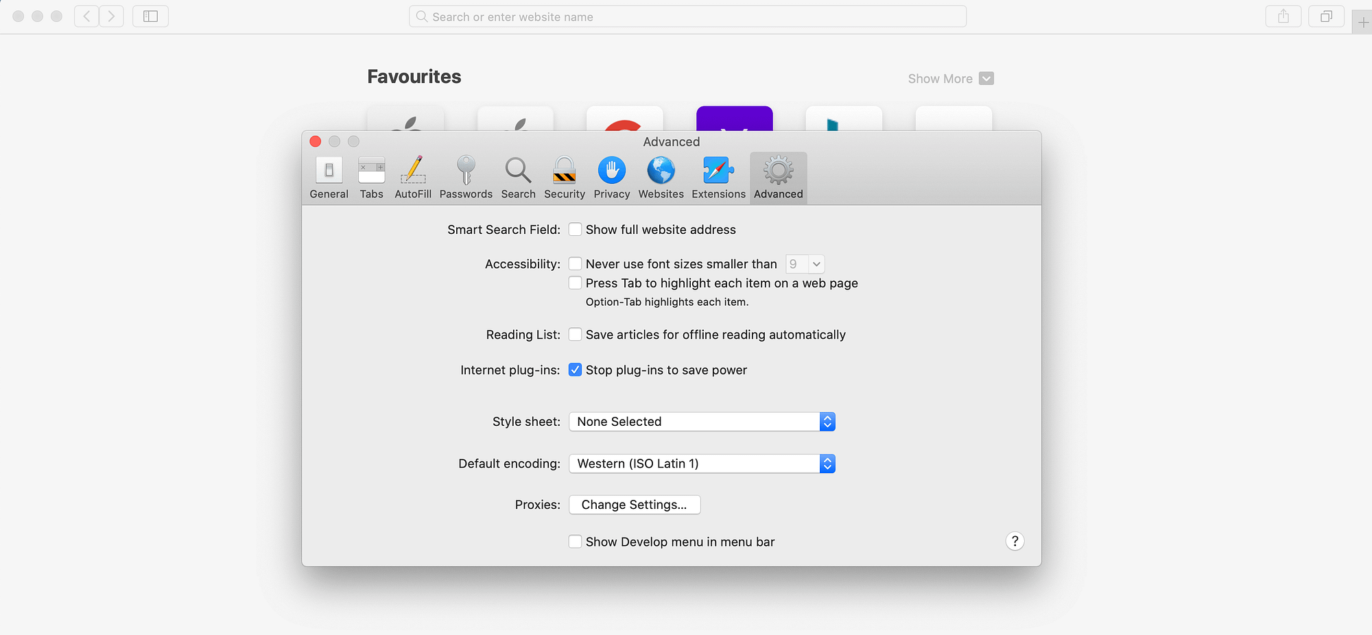 Apple Safari's Advanced tab.