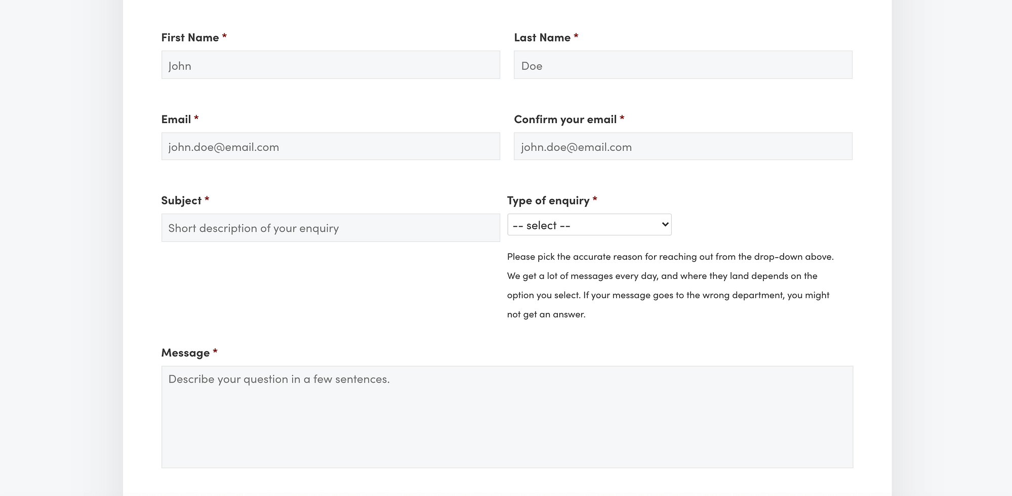 A contact us form with helpful prompts.