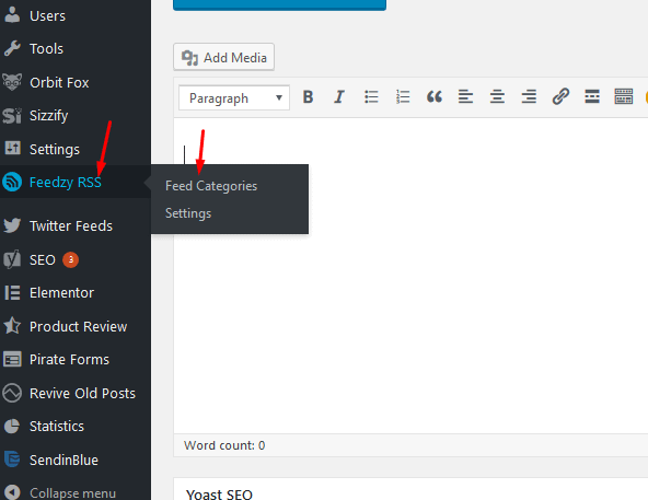 To setup Categories click on Feedzy RSS and then Feed Categories