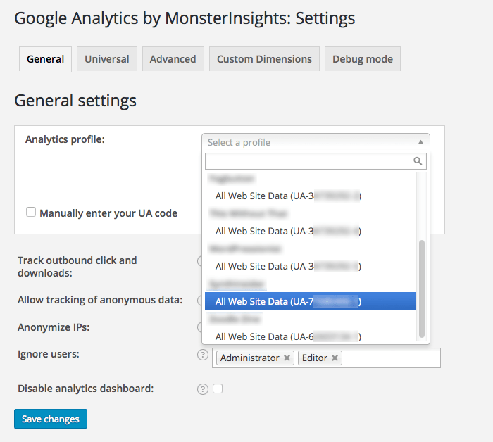 propiedad del complemento de wordpress de google analytics