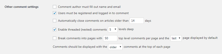 WordPress'teki Diğer Yorum Ayarları bölümü.