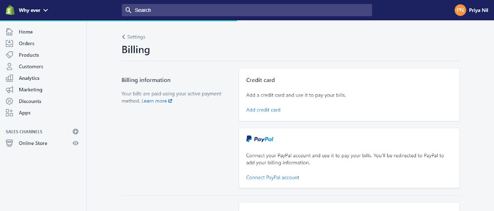 Shopify informazioni di pagamento
