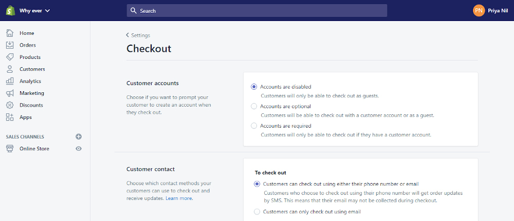 Impostazioni di checkout di Shopify
