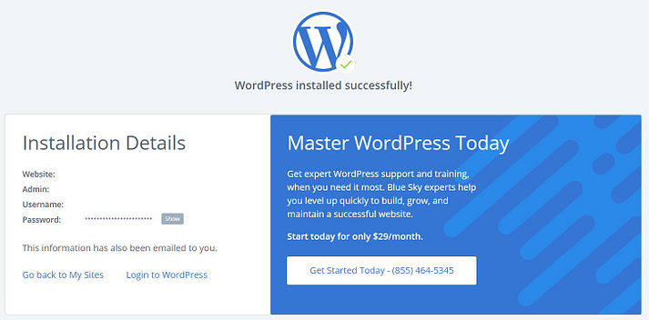 The WordPress install details on Bluehost