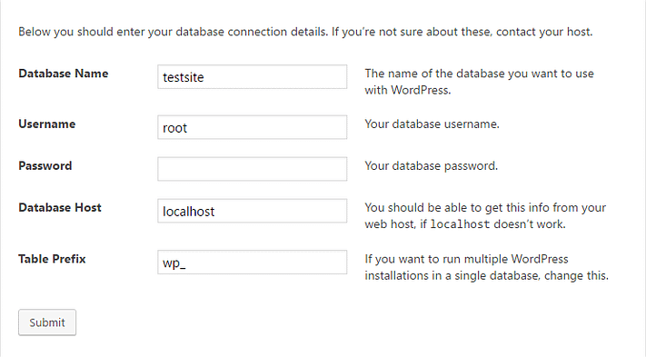 database settings when you install WordPress locally