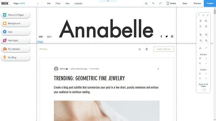 wix interface when editing content