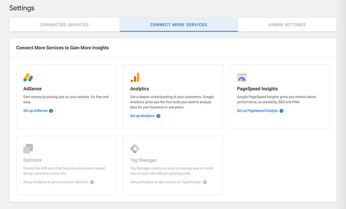 The Google Sit Kit Connect More Services setting.