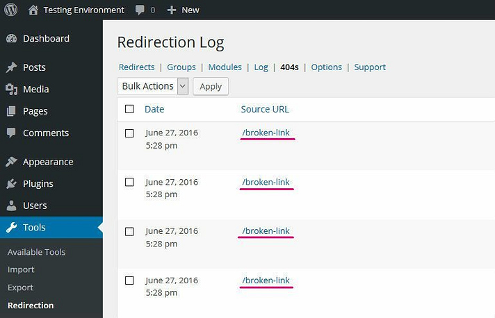 Redirection 404 detection