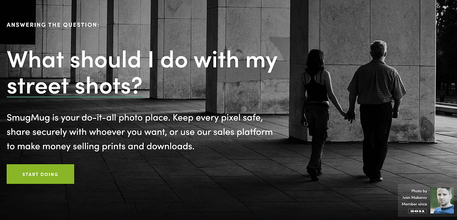 The home page for photo-centric site builder, SmugMug.