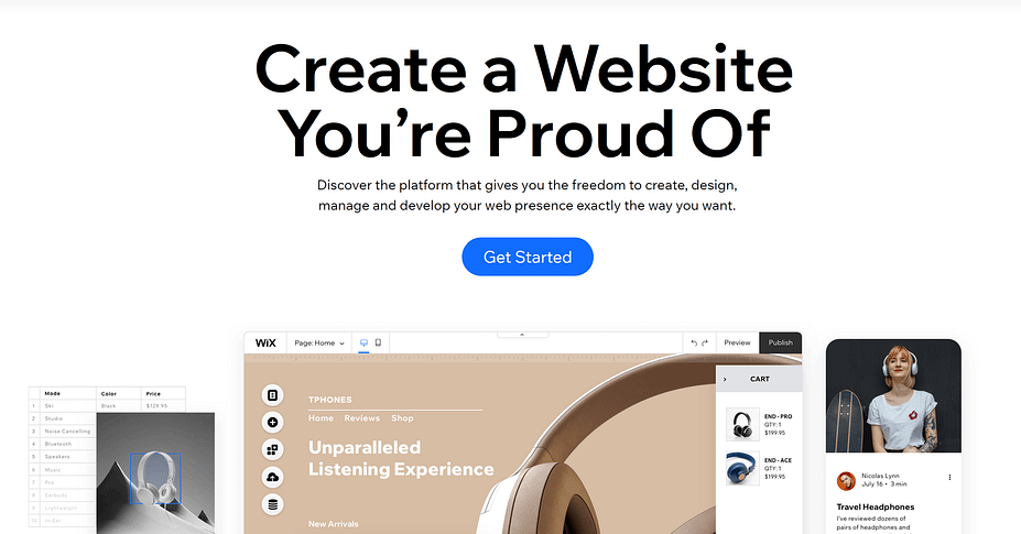 The homepage for one of the best website builder for photographers, Wix.