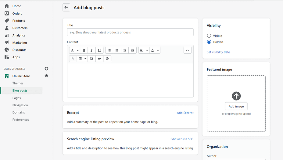 A sample Shopify blog post creation screen.