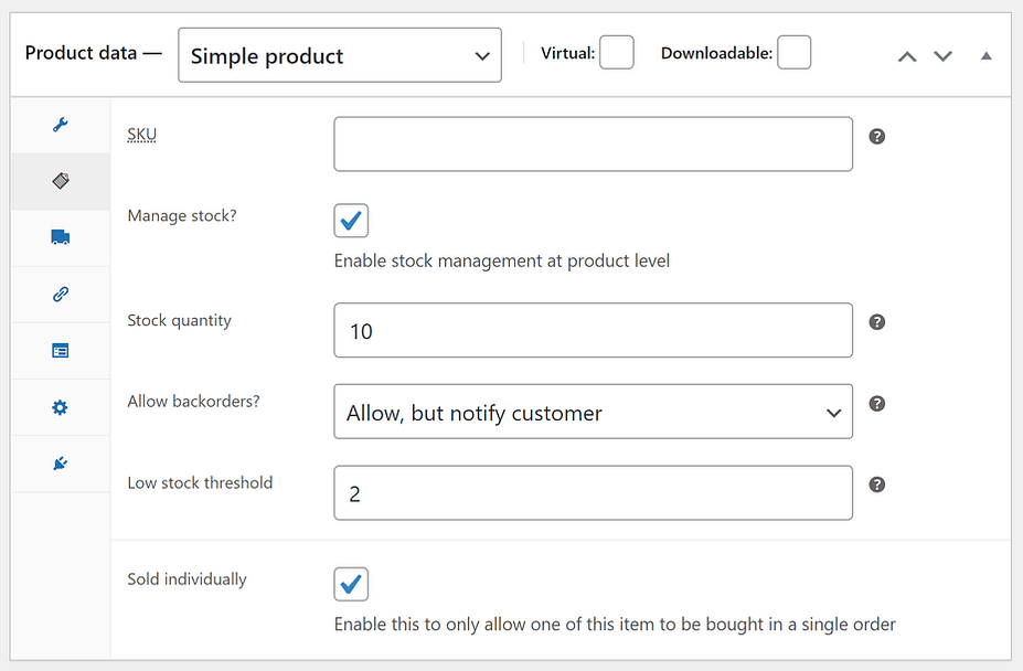 A finished single product WooCommerce inventory management example, with all fields filled in.