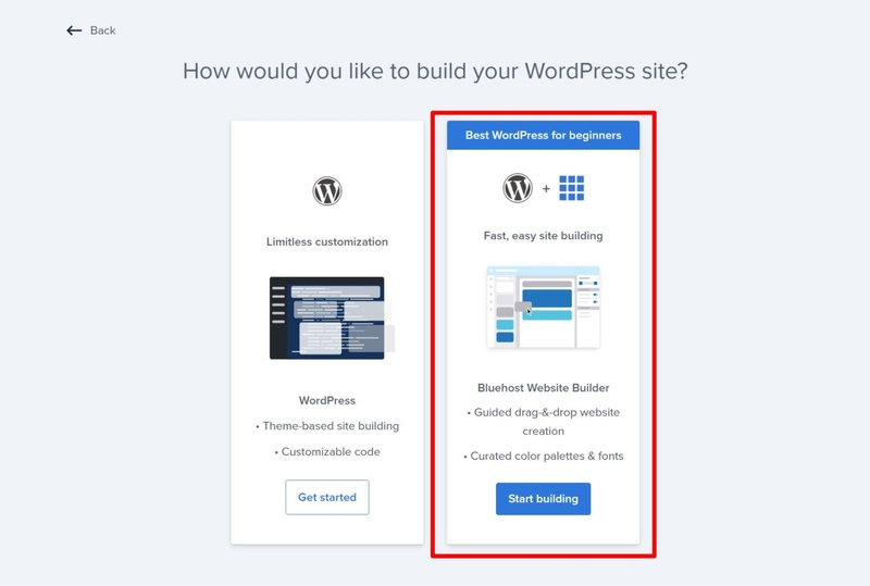 Choose Bluehost website builder