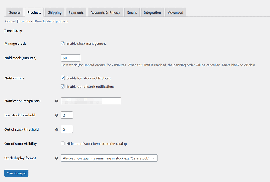 The WooCommerce global inventory settings.