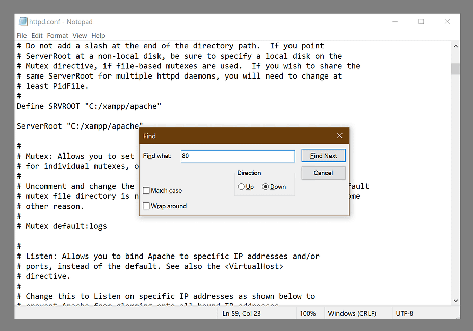 Opening a search dialogue for port 80 in httpd.conf to resolve the XAMPP error apache shutdown unexpectedly message.