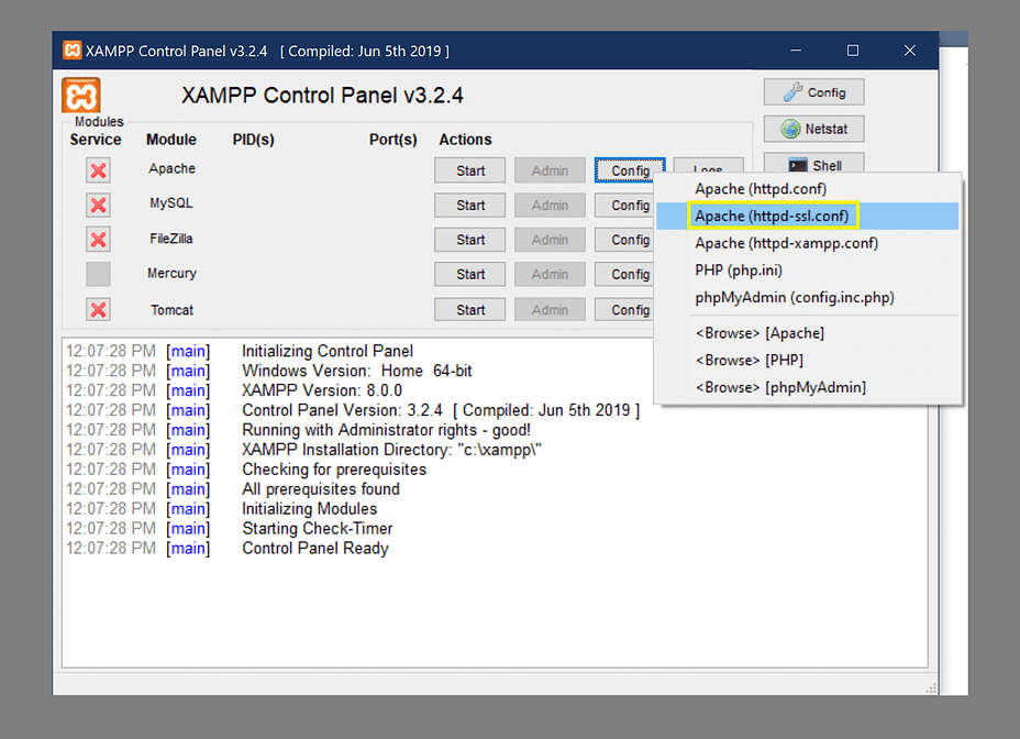 Accessing the Apache httpd-ssl.conf file.