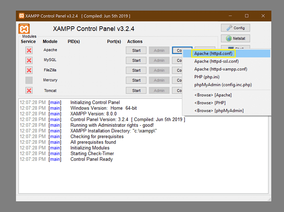 Accessing the Apache httpd.conf file to fix the "XAMPP error Apache shutdown unexpectedly" message.