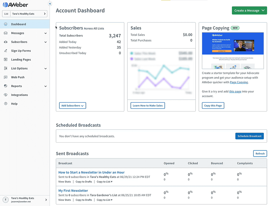 An example of AWeber's dashboard, which you might want to consider when deciding between AWeber vs Mailchimp.