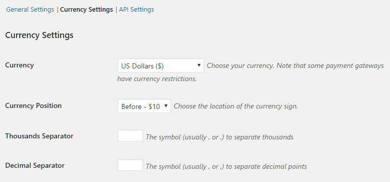 Easy Digital Download's currency settings.