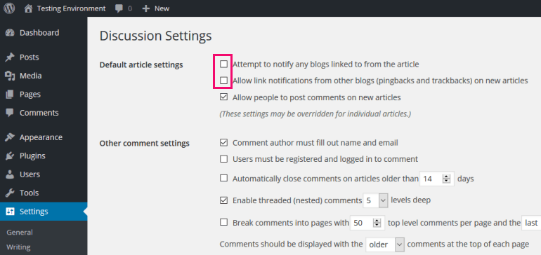 Disable trackbacks and pingbacks