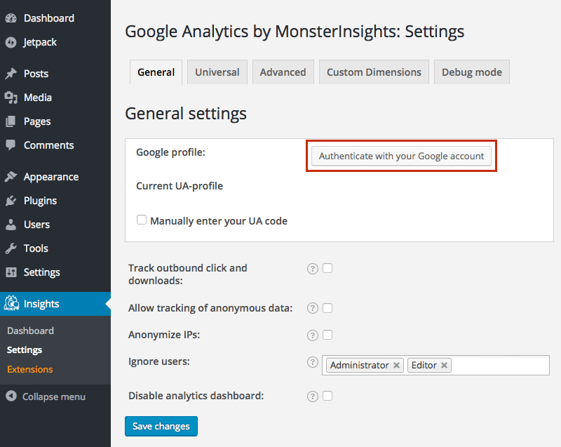Autenticar el complemento de wordpress de Google Analytics