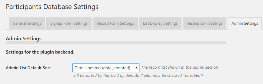 The admin settings tab.