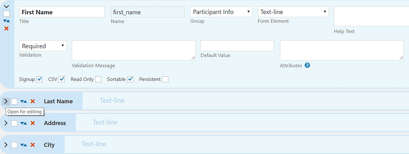 Some of the fields included in the Particpants Database plugins.