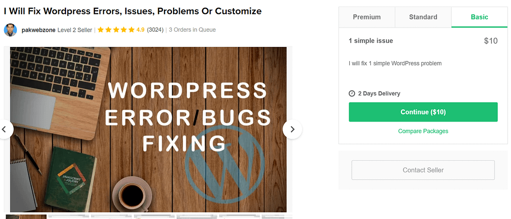 An example of a WordPress troubleshooting gig.