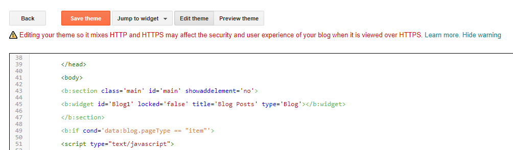 Adding your redirection code to Blogger.