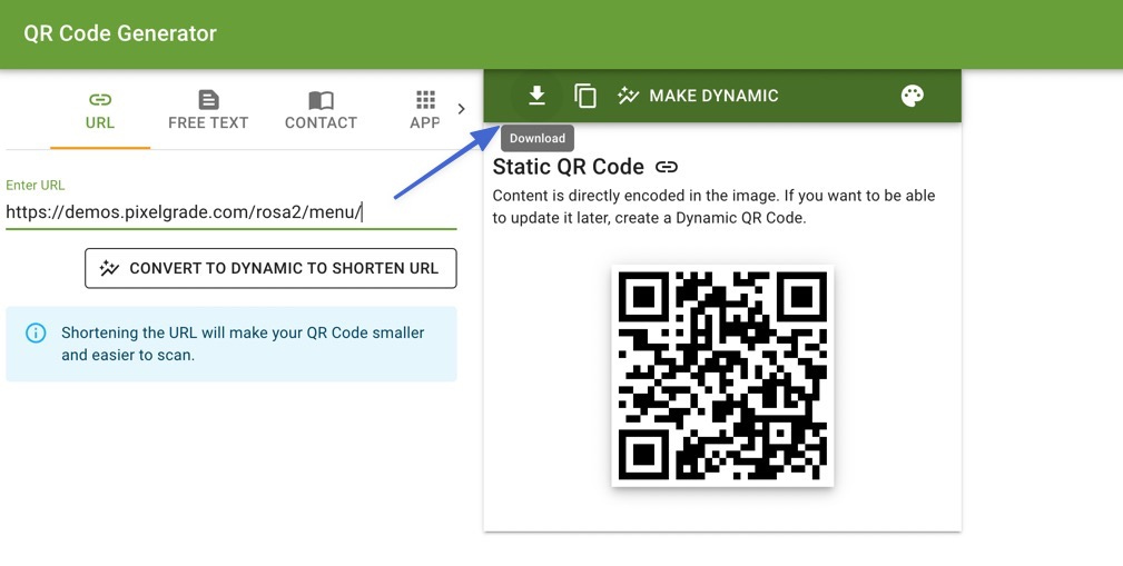 download the QR code linked to your menu