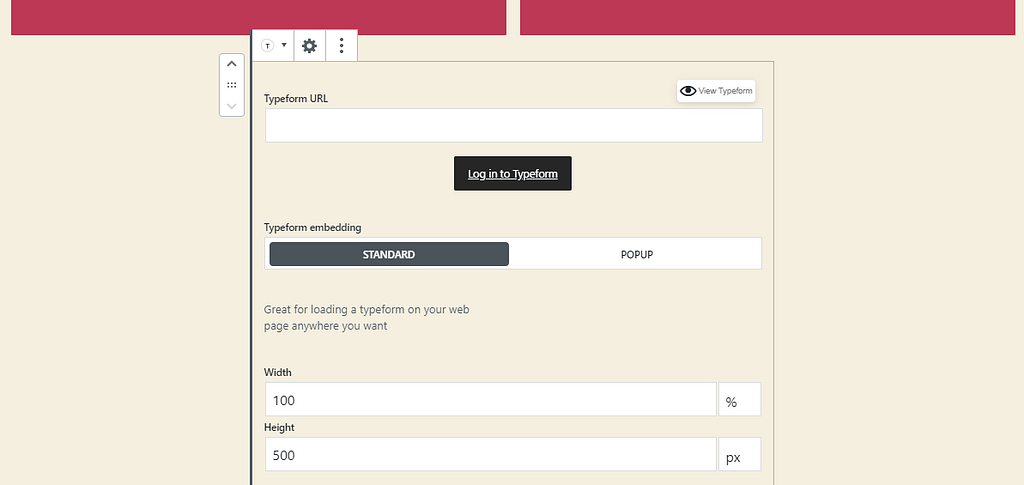 Configuring a Typeform block.