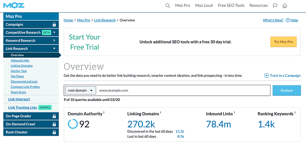 Moz's Link Explorer tool originating the domain authority meaning