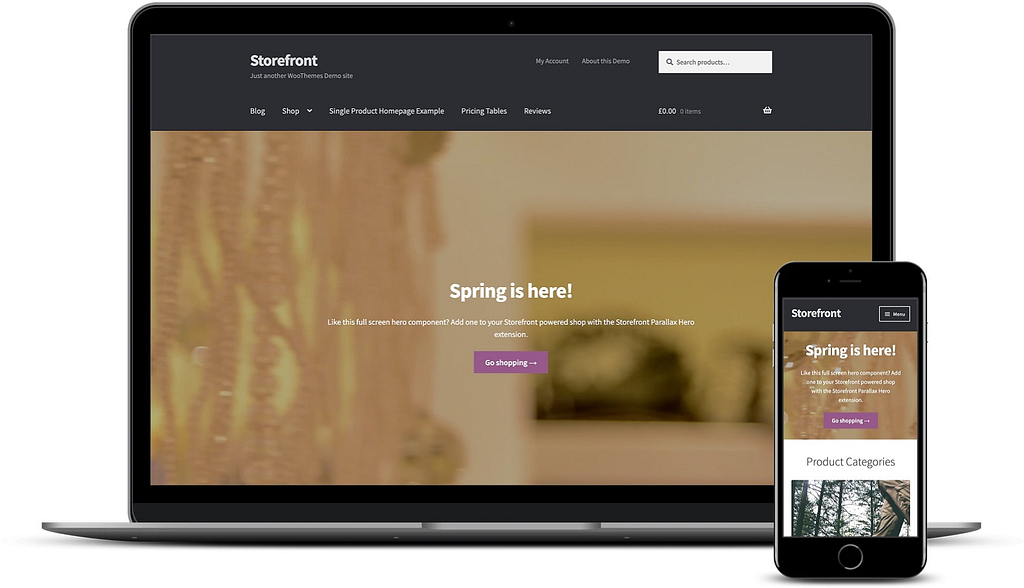 best free WooCommerce themes: Storefront on desktop and mobile.