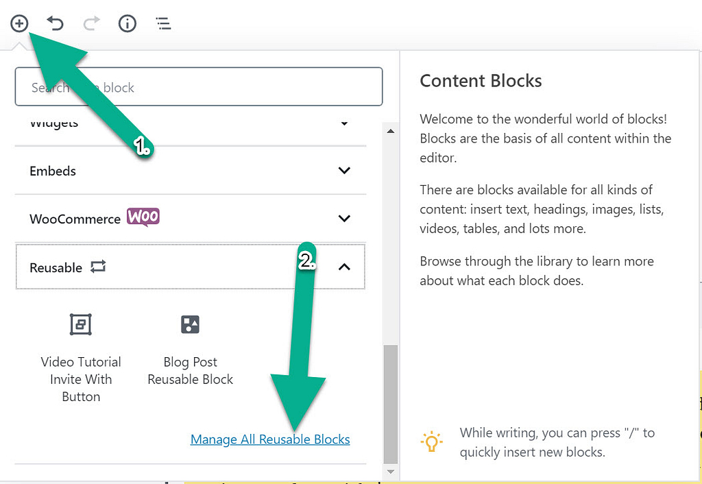 How to access WordPress reusable blocks management interface