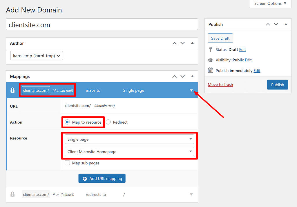 Map client domain to the page that you created