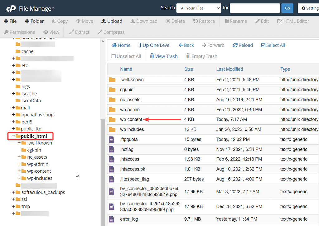 wp-content folder in file manager